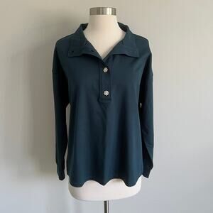 Ann Taylor Rhinestone Button Knit Shirt Long Sleeve Teal Green Medium NWT